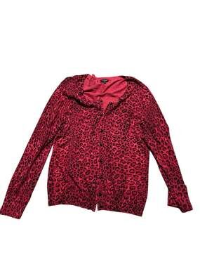 Talbots Red Leopard Print Button Front Cardigan Sweater Size XL